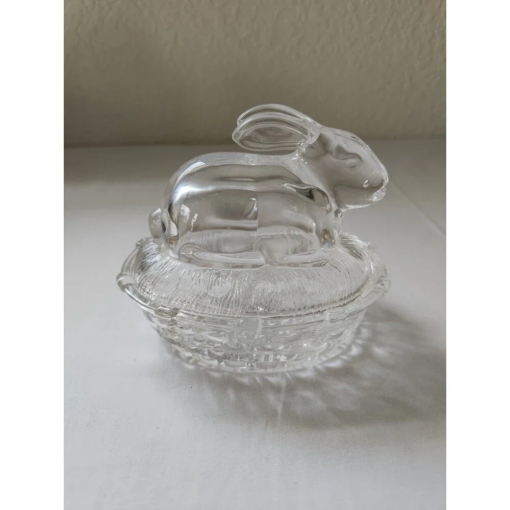 Vintage  William Sonoma Bunny on Nest Clear Glass Covered Dish
